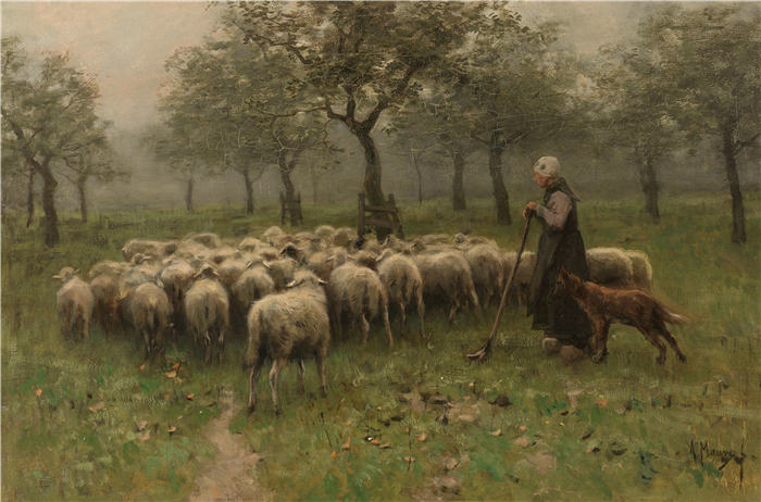 安东·莫夫 Anton Mauve，荷兰）作品-牧羊女与一群羊 c. 1870 - c. 1888）