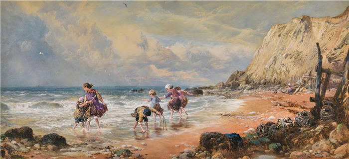 迈尔斯·伯克特·福斯特 Myles Birket Foster，英国，1825-1899）作品-在岸边，邦彻奇