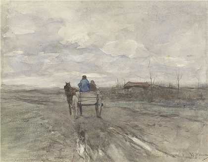安东·莫夫（Anton Mauve，荷兰）作品-乡间小路上的农用车（1848 – 1888）
