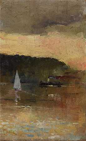 查尔斯·康德（Charles Conder，英，1868-1909）作品-(日落，悉尼港（约 1888 年）)