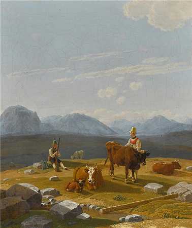 威廉·冯·科贝尔（Wilhelm von Kobell）作品-在高山牧场上（1828 年）
