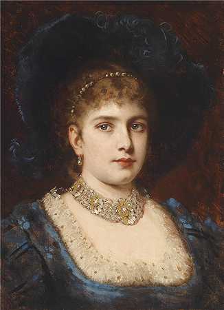 安东·艾伯特（Anton Ebert ，捷克，1845-1896）作品-戴着帽子的蓝色连衣裙的女士