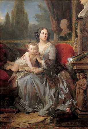 莱昂·科涅特（Léon Cogniet）作品-加利埃拉公爵夫人玛丽亚·布里格诺尔·萨尔和她的儿子菲利波（1856年）