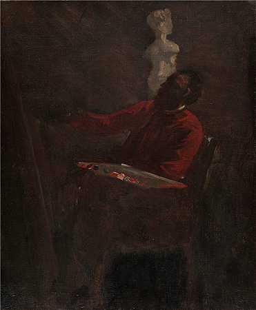 让-巴蒂斯特·卡佩奥（Jean-Baptiste Carpeaux）作品-穿着红色夹克的地毯在他的工作室里画画（1865）