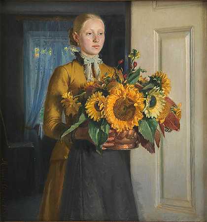 迈克尔·安彻（Michael Ancher）-(向日葵的女孩)高清油画下载