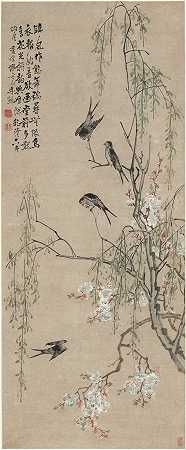 清 李禅(李鱓) (桃花柳燕图) 纸本 51.9×125.4