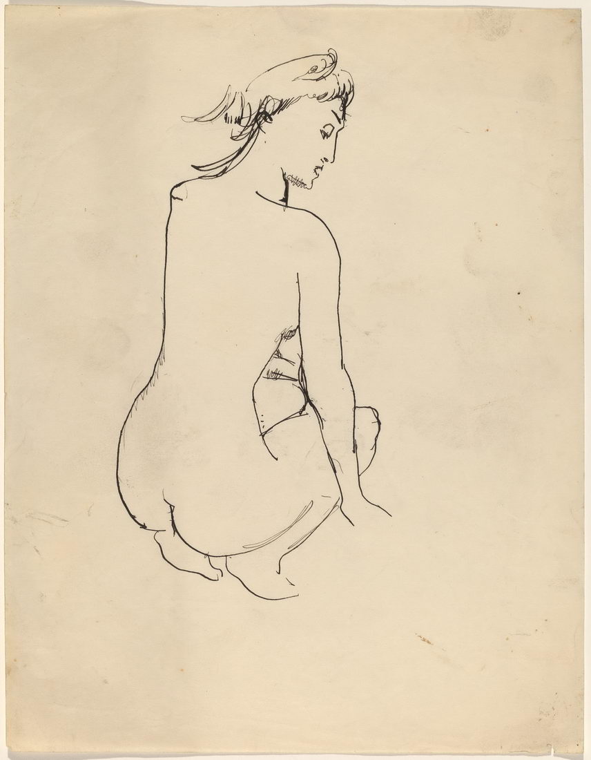 原版画库-Crouching Female Nude Seen from Behind Face Looking Down to Right-68962