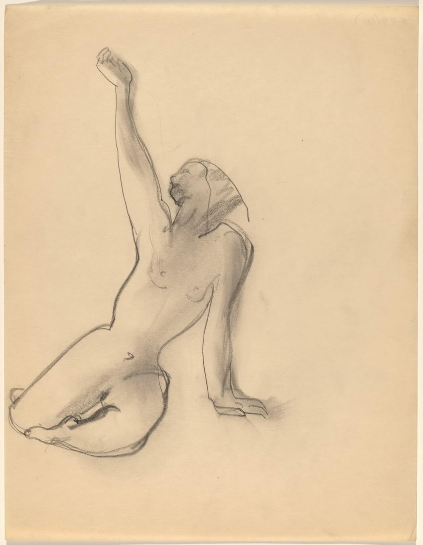 原版画库-Female Nude Seated on the Ground Left Arm Supporting Torso Right Arm Raised-68598