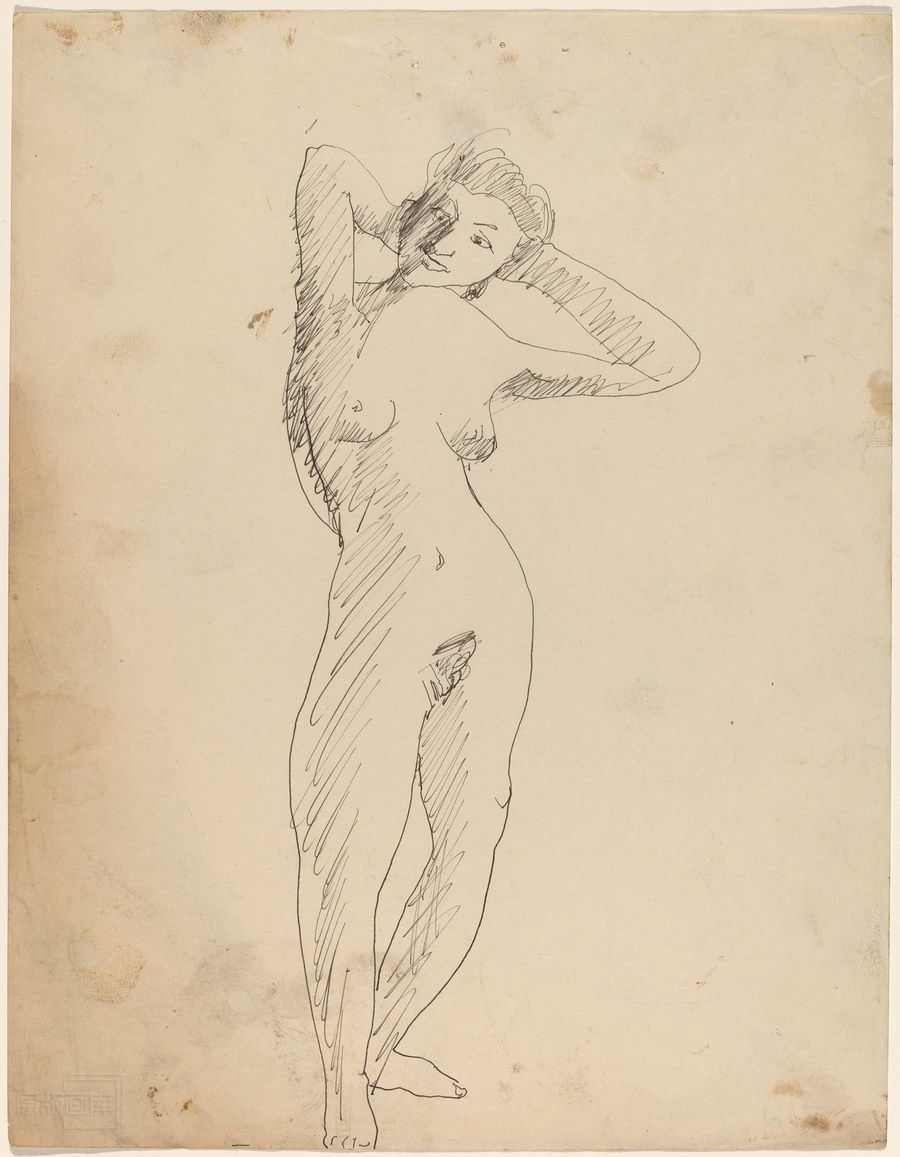 原版画库-Standing-Female-Nude-in-Contraposto-Stance-with-Hands-Behind-Head-68927